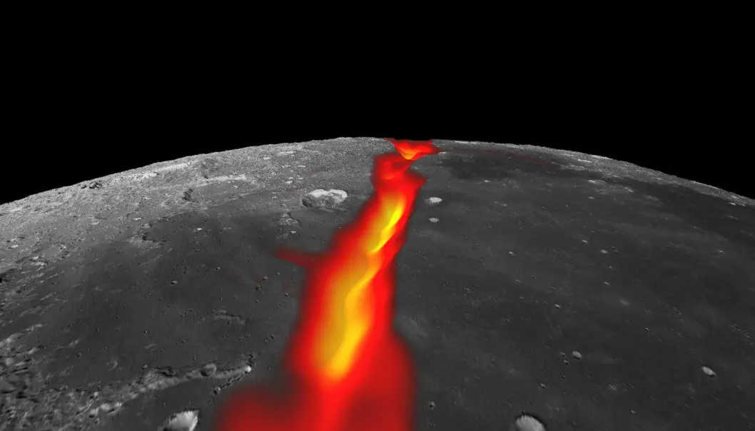 Utsikt mot sør ut over Stormenes hav på månen. Slik kan den vestre riftdalen ha sett ut da den ble fylt av lava. Dette bildet kombinerer data om tyngdekraften til månen fra GRAIL-sondene med en bildemosaikk tatt av Lunar Reconnaissance Orbiter. (Bilde: NASA/Colorado School of Mines/MIT/JPL/Goddard Space Flight Center)