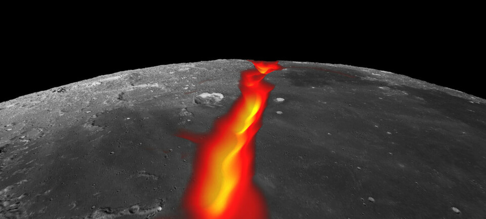 Utsikt mot sør ut over Stormenes hav på månen. Slik kan den vestre riftdalen ha sett ut da den ble fylt av lava. Dette bildet kombinerer data om tyngdekraften til månen fra GRAIL-sondene med en bildemosaikk tatt av Lunar Reconnaissance Orbiter. (Bilde: NASA/Colorado School of Mines/MIT/JPL/Goddard Space Flight Center)