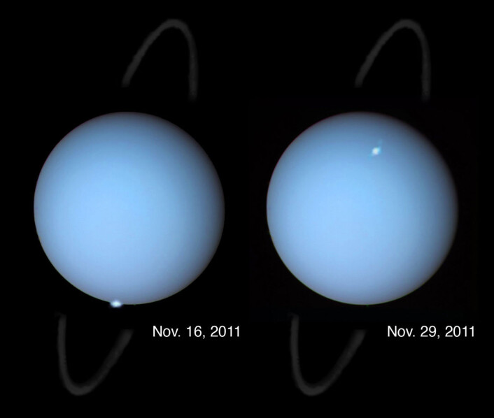I 2011 fotograferte romteleskopet Hubble aurora på planeten Uranus, ved den magnetiske polen som vender mot sola. Siden Uranus går i bane langt utenfor jorda, vil nattsiden av planeten alltid vende vekk fra jorda. En tilsvarende aurora her kan bare fotograferes av en romsonde som passerer planeten. (Foto: NASA, ESA og L. Lamy, Observatory of Paris, CNRS, CNES) I 2011 fotograferte romteleskopet Hubble aurora på planeten Uranus, ved den magnetiske polen som vender mot sola. Siden Uranus går i bane langt utenfor jorda, vil nattsiden av planeten alltid vende vekk fra jorda. En tilsvarende aurora her kan bare fotograferes av en romsonde som passerer planeten. (Foto: NASA, ESA og L. Lamy, Observatory of Paris, CNRS, CNES)