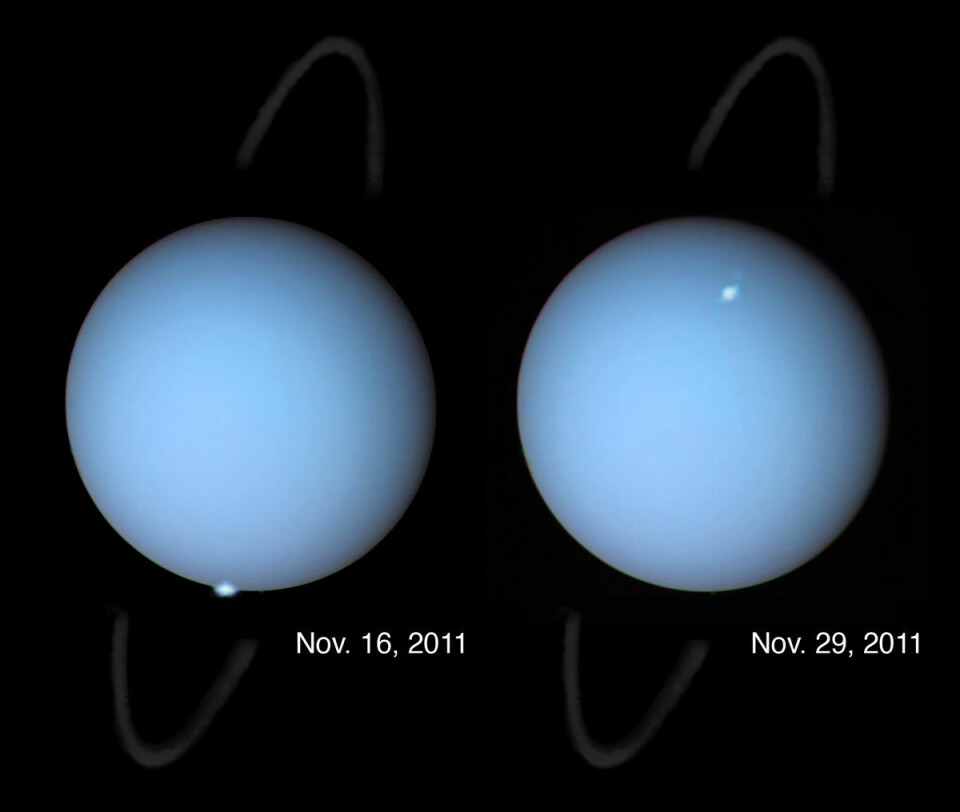I 2011 fotograferte romteleskopet Hubble aurora på planeten Uranus, ved den magnetiske polen som vender mot sola. Siden Uranus går i bane langt utenfor jorda, vil nattsiden av planeten alltid vende vekk fra jorda. En tilsvarende aurora her kan bare fotograferes av en romsonde som passerer planeten.  (Foto: NASA, ESA og L. Lamy, Observatory of Paris, CNRS, CNES)
