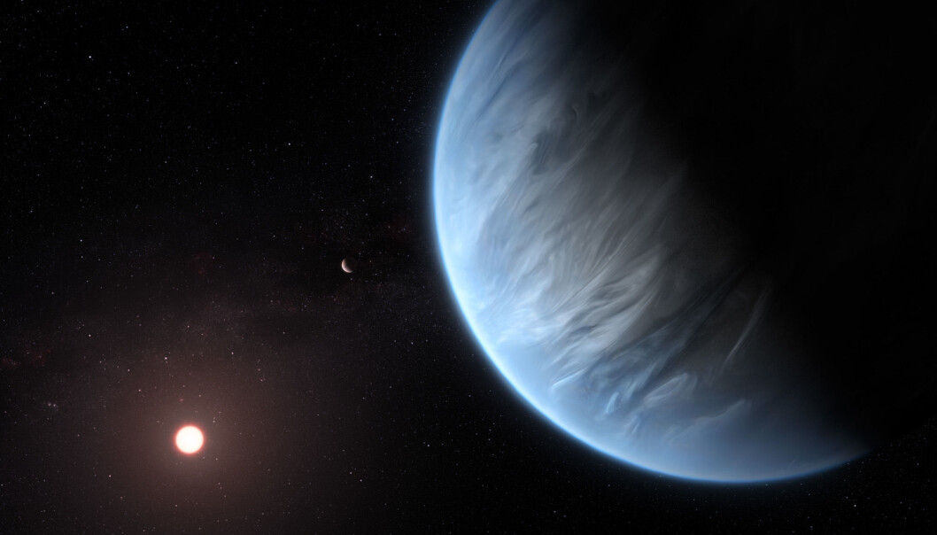 Slik forestiller en kunstner seg planeten K2-18b, i bane rundt en rød dverg og med en søster-planet i bakgrunnen. (Illustrasjon: ESA/Hubble, M. Kornmesser) Slik forestiller en kunstner seg planeten K2-18b, i bane rundt en rød dverg og med en søster-planet i bakgrunnen. (Illustrasjon: ESA/Hubble, M. Kornmesser)