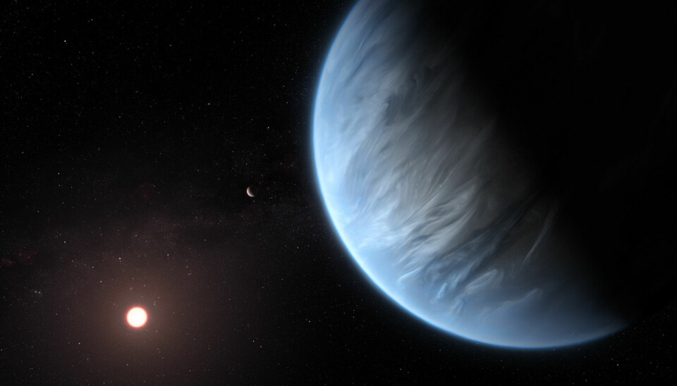 Slik forestiller en kunstner seg planeten K2-18b, i bane rundt en rød dverg og med en søster-planet i bakgrunnen. (Illustrasjon: ESA/Hubble, M. Kornmesser)
