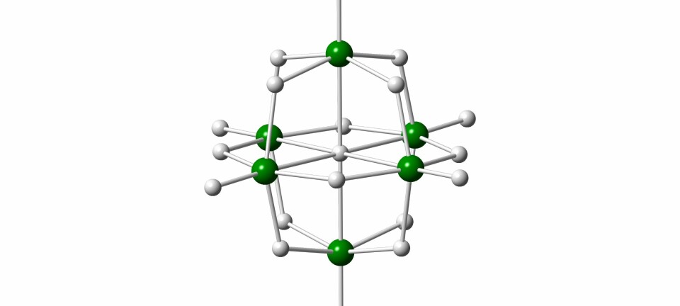 Lindqvist-ionet består av niob-atom (grøne kuler) forbundne av oksygen-atom (kvite kuler). (Illustrasjon: Henrik Friis, NHM)