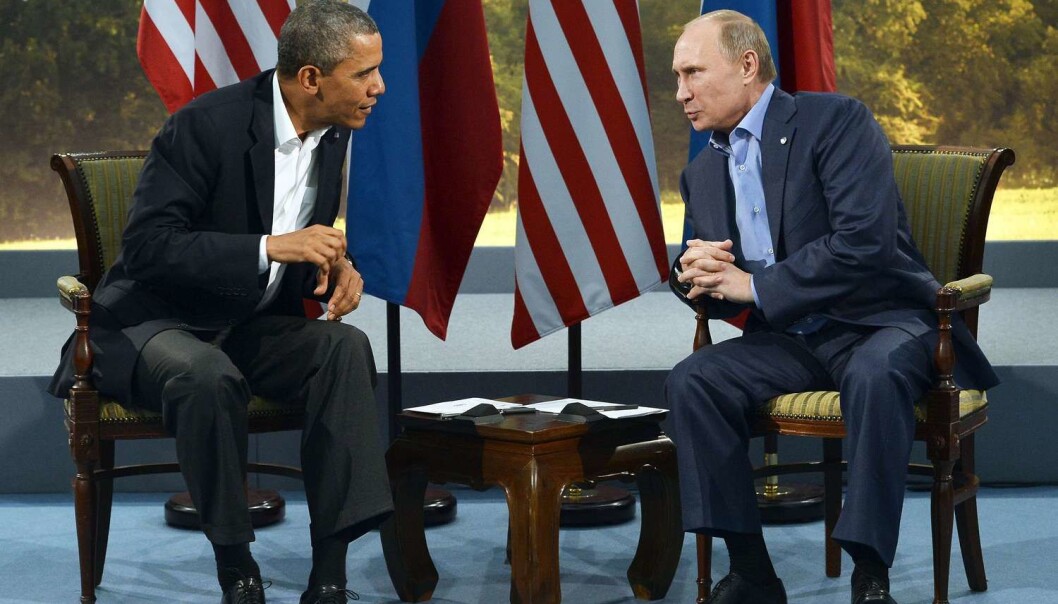 Barack Obama og Vladimir Putin møttes under G8 i Lough Erne, Ireland 17. juni, 2013. (Foto: Jewel Samad, AFP) Barack Obama og Vladimir Putin møttes under G8 i Lough Erne, Ireland 17. juni, 2013. (Foto: Jewel Samad, AFP)