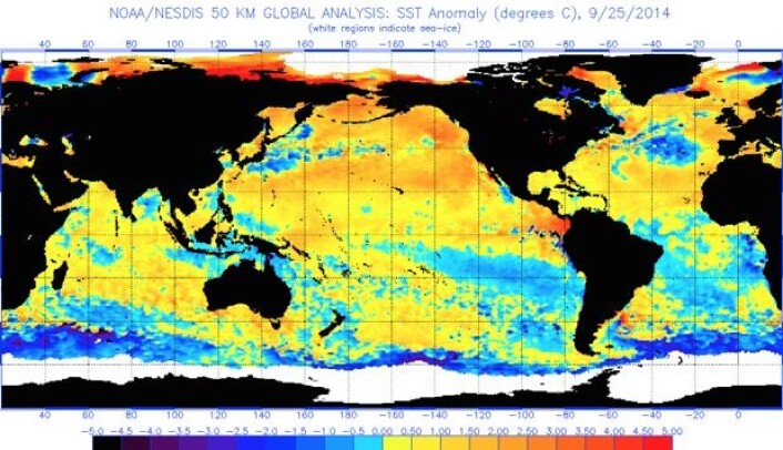 Situasjonsrapport fra planeten Tellus: Varmt på den nordlige halvkule. Nesten El Ninjo i Stillehavet. Og kaldt ved iskanten i sør. (Bilde: NOAA) Situasjonsrapport fra planeten Tellus: Varmt på den nordlige halvkule. Nesten El Ninjo i Stillehavet. Og kaldt ved iskanten i sør. (Bilde: NOAA)