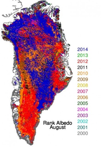 Fargene på kartet over Grønland viser hvilket år isen absorberte mest lys. I de blå områdene ble det satt rekord i 2014. Når isen ikke kan reflektere solens stråler, smelter isen raskere. (Foto: (Illustrasjon: Jason Box)) Fargene på kartet over Grønland viser hvilket år isen absorberte mest lys. I de blå områdene ble det satt rekord i 2014. Når isen ikke kan reflektere solens stråler, smelter isen raskere. (Foto: (Illustrasjon: Jason Box))
