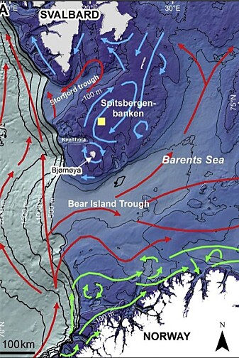 I det grunne havet (mørkeblå) sør for Svalbard møtes kalde arktiske havstrømmer (blå piler) med varmere atlantisk vann (røde piler). De grønne pilene er kyststrømmer. I det grunne havet (mørkeblå) sør for Svalbard møtes kalde arktiske havstrømmer (blå piler) med varmere atlantisk vann (røde piler). De grønne pilene er kyststrømmer.