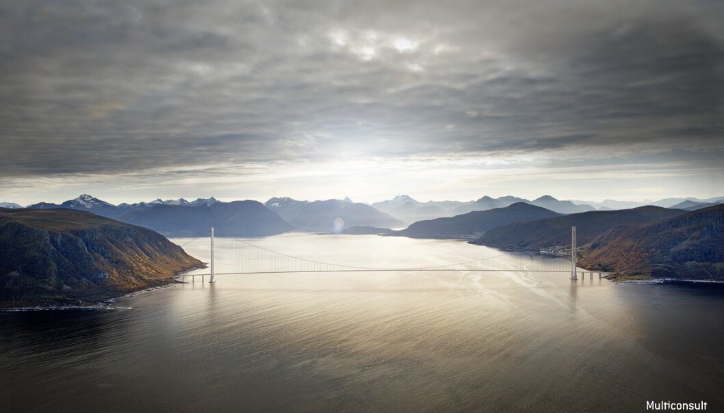 En hengebru over Sulafjorden vil ha en spennvidde på om lag 3000 meter. Alle beregninger må stemme for at den skal kunne tåle været på Vestlandet. (Illustrasjon: Statens vegvesen / Vianova / Baezeni) En hengebru over Sulafjorden vil ha en spennvidde på om lag 3000 meter. Alle beregninger må stemme for at den skal kunne tåle været på Vestlandet. (Illustrasjon: Statens vegvesen / Vianova / Baezeni)