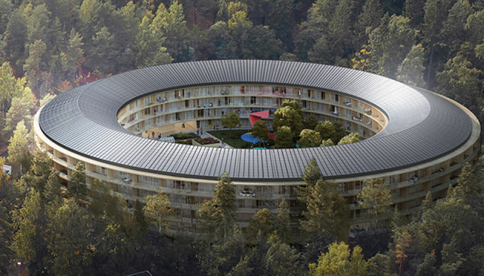 Ett av fire konkrete prosjekter med bygging av nabolag som går i pluss, er et sirkelformet leilighetsbygg med solceller på taket på Ammerud i Oslo. (Illustrasjon: Code arkitektur).