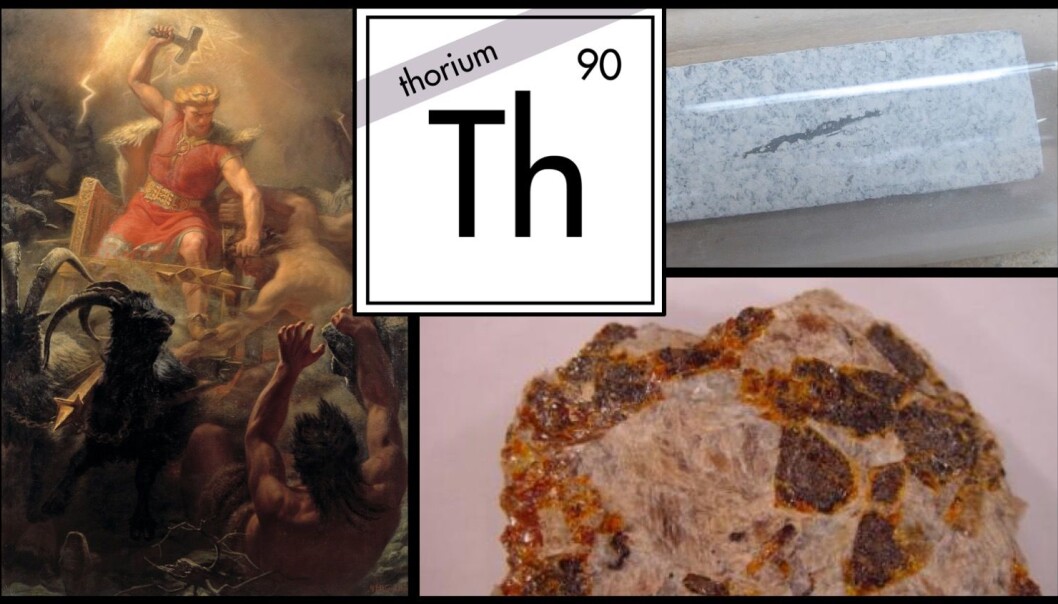 Til venstre: «Tors strid med jättarna», malt av Mårten Eskil Winge i 1872. Øverst til høyre: Korrodert thorium i en glasskolbe. (Foto: W. Oelen, CC BY-SA 3.0) Nederst til høyre: En bit av mineralet thoritt fra Gjerstad. (Foto: Rune Selbekk/UiO) Til venstre: «Tors strid med jättarna», malt av Mårten Eskil Winge i 1872. Øverst til høyre: Korrodert thorium i en glasskolbe. (Foto: W. Oelen, CC BY-SA 3.0) Nederst til høyre: En bit av mineralet thoritt fra Gjerstad. (Foto: Rune Selbekk/UiO)