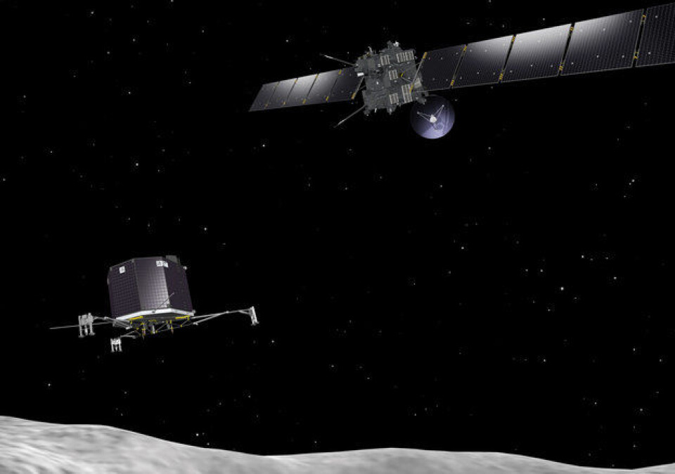 ESAs kometjeger Rosetta (t.h.) setter sonden Philae fri for at de skal alnde på kometen 67P. (Foto: ESA)