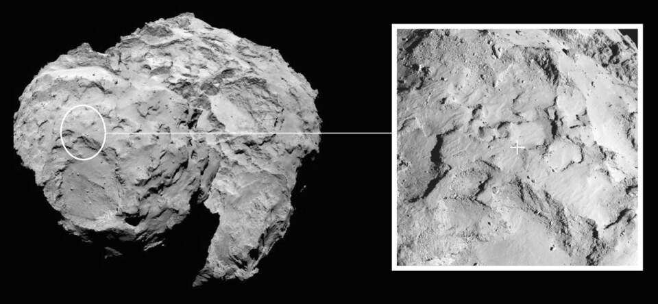 Landingsstedet med kodenavn 'J' er på hodet til den uregelmessig formede kometen. Langs lengdeaksen måler komet 67P Tjurjumov-Gerasimenko fire kilometer. (Foto: ESA/Rosetta/MPS for OSIRIS Team MPS/UPD/LAM/IAA/SSO/INTA/UPM/DASP/IDA)