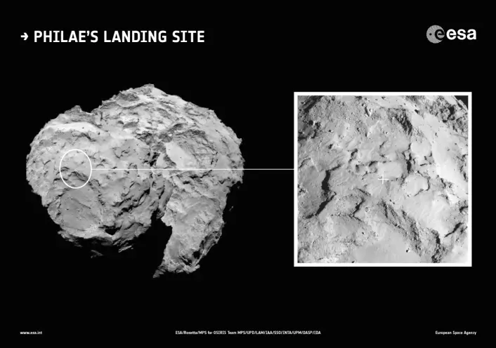 Landingsstedet for Rosettas sonde Philae ligger på toppen av kometen 67Ps minste del (Foto: ESA/Rosetta/MPS/UPD/LAM/IAA/SSO/INTA/UPM/DASP/IDA)