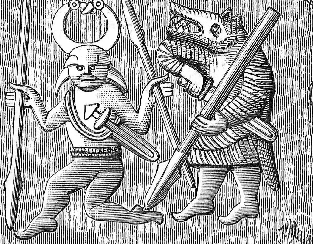 Dette bildet stammer fra mellom år 550-800 og skal ifølge snl.no forestille Odin (t.v) og en berserker: en kriger med blodtørstig aggresjon på slagmarken. (Kilde: Oscar Montelius, Om lifvet i Sverige under hednatiden, Wikimedia commons)