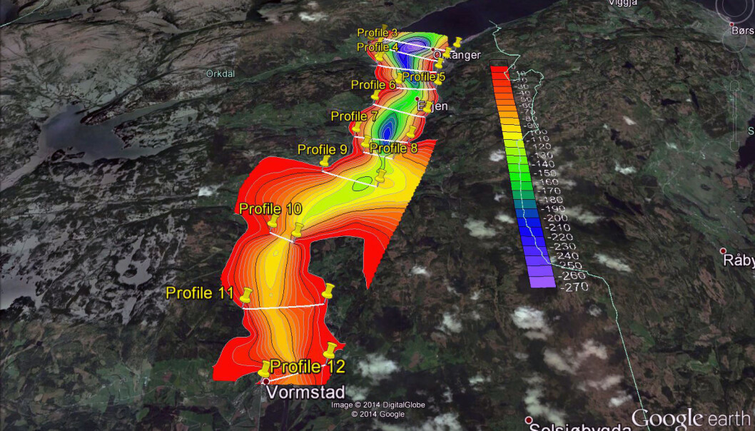 Slik er det nye dybdekartet over Orkdalen. Fargene viser hvor dypt sedimentene går før det blir fast fjell. (Illustrasjon: NGU) Slik er det nye dybdekartet over Orkdalen. Fargene viser hvor dypt sedimentene går før det blir fast fjell. (Illustrasjon: NGU)
