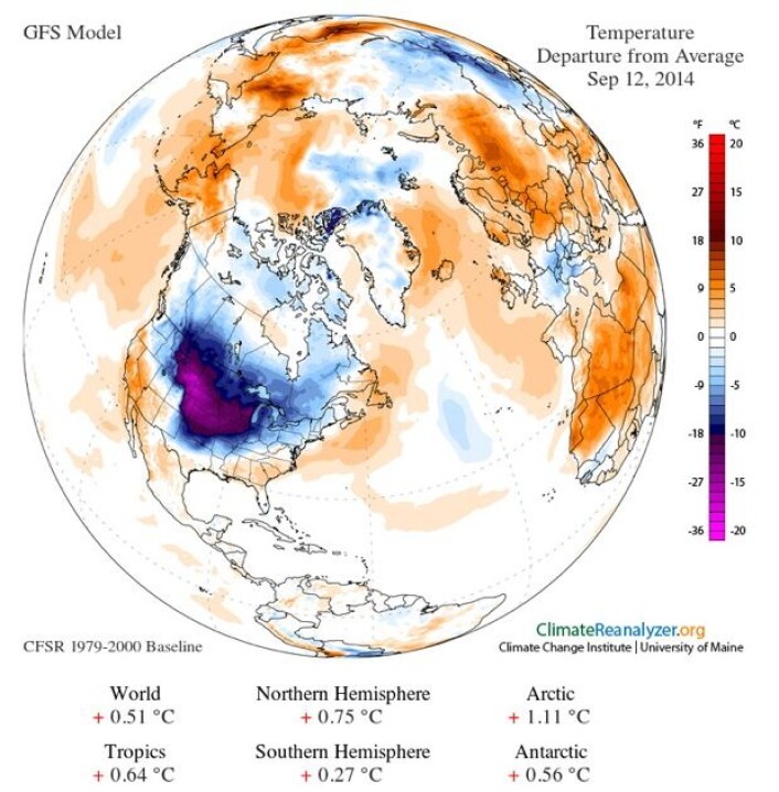 Temperatur-avvik fra normalen 1979-2000 ved bakkenivå den 12. september, i følge NOAAs løpende vær-analyse. (Data: NOAA. Grafikk: University of Maine) Temperatur-avvik fra normalen 1979-2000 ved bakkenivå den 12. september, i følge NOAAs løpende vær-analyse. (Data: NOAA. Grafikk: University of Maine)