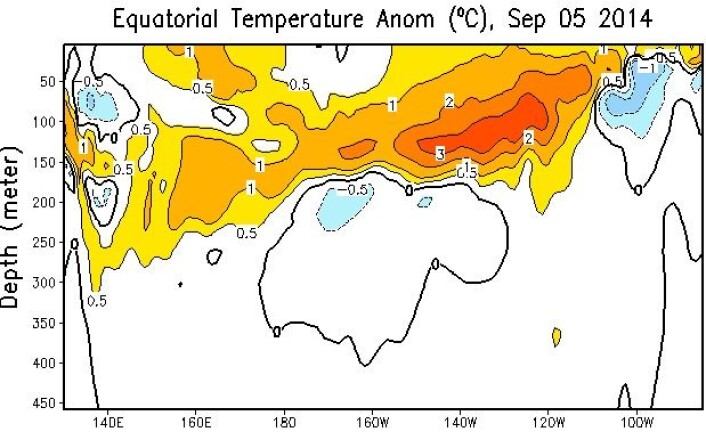 Ganske mye varmt vann under ekvatorlinjen i Stillehavet nå. Sannsynligvis vil det bli varmere overflatevann der utover i september og oktober. (Bilde: NOAA) Ganske mye varmt vann under ekvatorlinjen i Stillehavet nå. Sannsynligvis vil det bli varmere overflatevann der utover i september og oktober. (Bilde: NOAA)