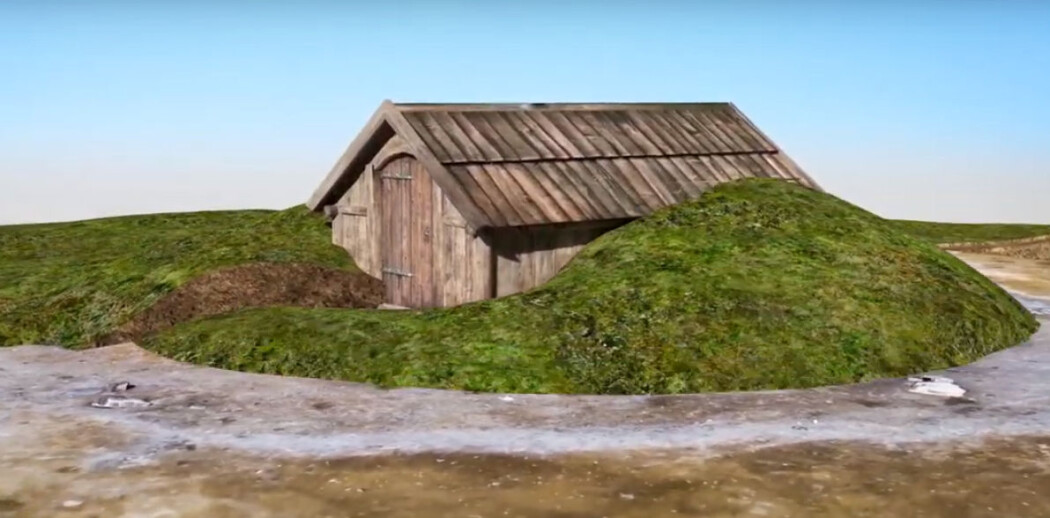 Arkeologer har funnet avtrykk og rester av huset på et jorde i Trøndelag. Bildet er en illustrasjon fra en video som viser hvordan det kan ha sett ut. (Skjermdump fra video: NTNU Vitenskapshuset) Arkeologer har funnet avtrykk og rester av huset på et jorde i Trøndelag. Bildet er en illustrasjon fra en video som viser hvordan det kan ha sett ut. (Skjermdump fra video: NTNU Vitenskapshuset)