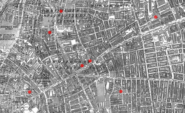 De røde prikkene viser hvor drapene i Whitechapel skal ha skjedd. (Foto: (Bilde: Offentlig eiendom)) De røde prikkene viser hvor drapene i Whitechapel skal ha skjedd. (Foto: (Bilde: Offentlig eiendom))