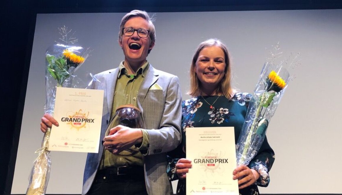 Halvor Høen Hval og Marthe Lefsaker Sakrisvold kom på henholdsvis første og andre plass i Forsker Grand Prix i Oslo og Akershus. (Foto: Yngve Vogt). Halvor Høen Hval og Marthe Lefsaker Sakrisvold kom på henholdsvis første og andre plass i Forsker Grand Prix i Oslo og Akershus. (Foto: Yngve Vogt).