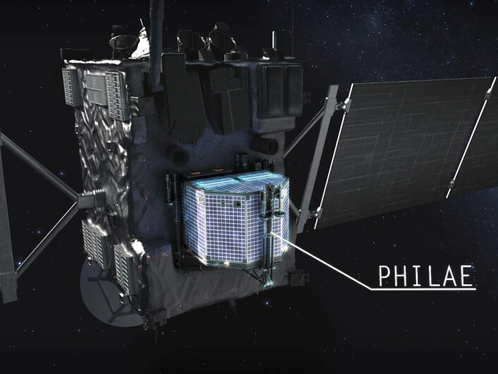 Landingsmodulen Philae mens den fortsatt hang på Rosetta. Sonden er dekket av solcellepaneler. Landingsmodulen Philae mens den fortsatt hang på Rosetta. Sonden er dekket av solcellepaneler.