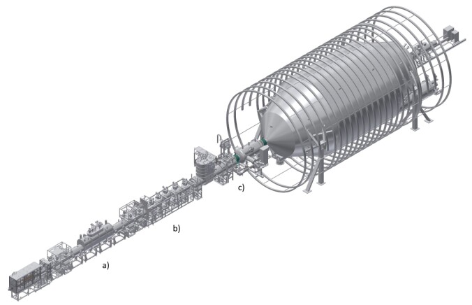 Detektoren er spesielt konstruert for å studere nøytrinoer. I enden er en stor vakuumtank med form som en zeppelin. (Illustrasjon: Steffen Lichter, KIT). Detektoren er spesielt konstruert for å studere nøytrinoer. I enden er en stor vakuumtank med form som en zeppelin. (Illustrasjon: Steffen Lichter, KIT).