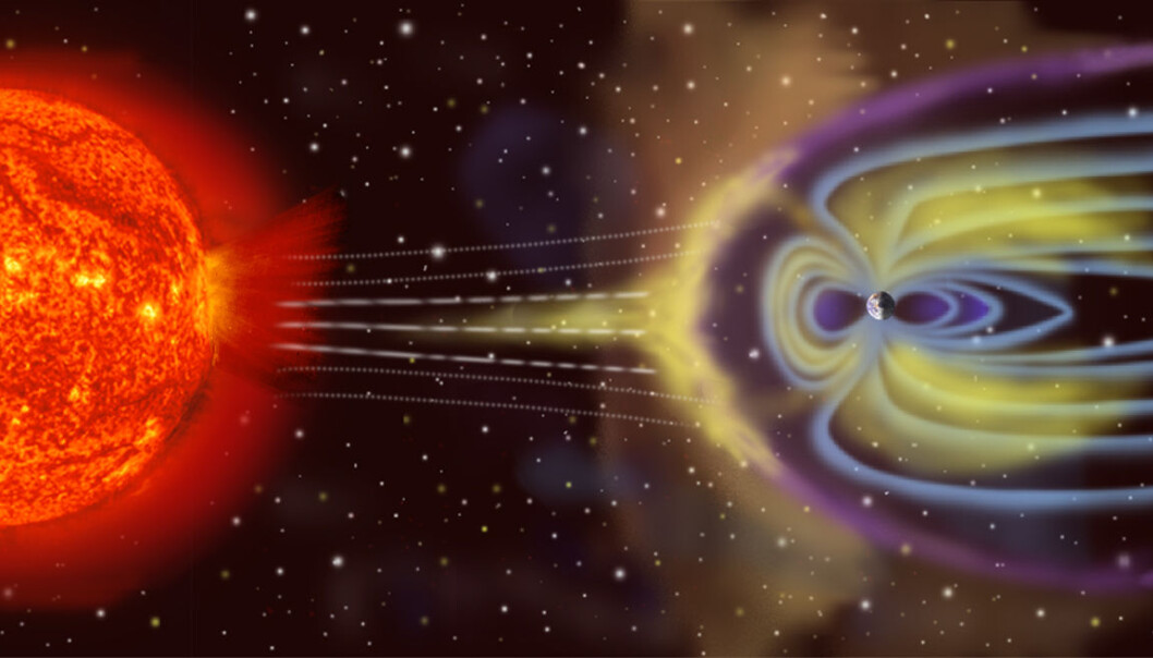 Slik ser en illustratør for seg at solvindene presser jordas magnetosfære sammen på solsiden og trekker den ut i en lang hale på skyggesiden. (Illustrasjon: NASA) Slik ser en illustratør for seg at solvindene presser jordas magnetosfære sammen på solsiden og trekker den ut i en lang hale på skyggesiden. (Illustrasjon: NASA)
