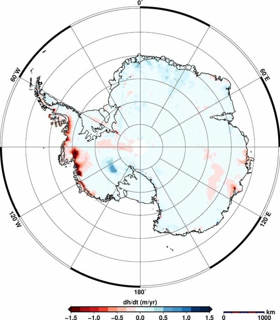 Endringen i istykkelse i Antarktis fra januar 2011 til januar 2014 målt av ESAs satellitt CryoSat. Helm et al., The Cryosphere, 2014