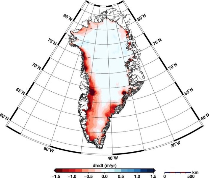 Endringen i istykkelse på Grønland fra januar 2011 til januar 2014 målt av ESAs satellitt CryoSat. Helm et al., The Cryosphere, 2014 Endringen i istykkelse på Grønland fra januar 2011 til januar 2014 målt av ESAs satellitt CryoSat. Helm et al., The Cryosphere, 2014