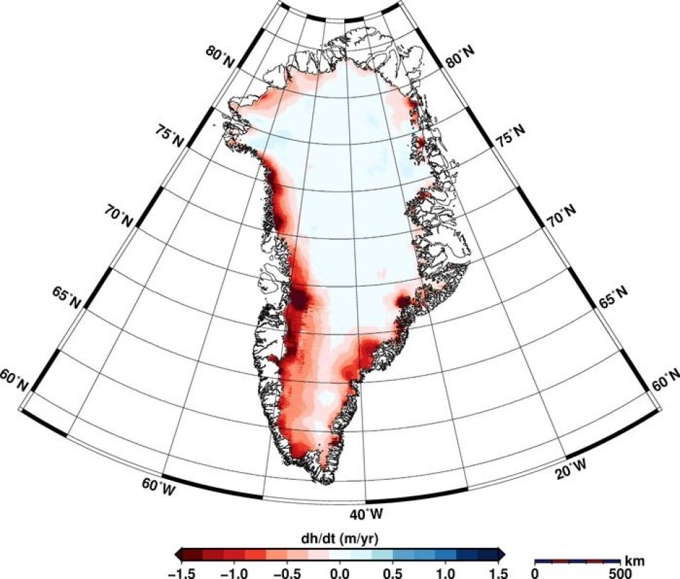 Endringen i istykkelse på Grønland fra januar 2011 til januar 2014 målt av ESAs satellitt CryoSat. Helm et al., The Cryosphere, 2014 Endringen i istykkelse på Grønland fra januar 2011 til januar 2014 målt av ESAs satellitt CryoSat. Helm et al., The Cryosphere, 2014