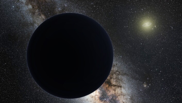 Slik ser en kunstner for seg Planet 9. Neptuns bane kan ses som en ring i det fjerne. (Illustrasjon: nagualdesign; Tom Ruen, bakgrunn fra ESO). Slik ser en kunstner for seg Planet 9. Neptuns bane kan ses som en ring i det fjerne. (Illustrasjon: nagualdesign; Tom Ruen, bakgrunn fra ESO).