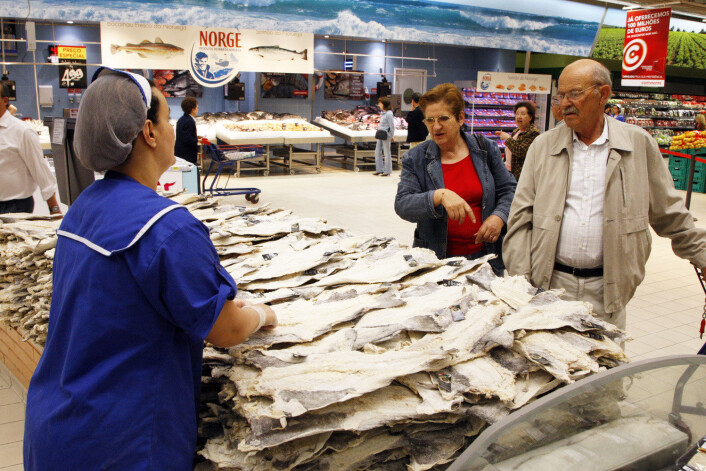 Klippfisk fra Norge i Continente Colombo supermarked i Lisboa i Portugal. (Foto: Foto: Lise Åserud, Scanpix) Klippfisk fra Norge i Continente Colombo supermarked i Lisboa i Portugal. (Foto: Foto: Lise Åserud, Scanpix)