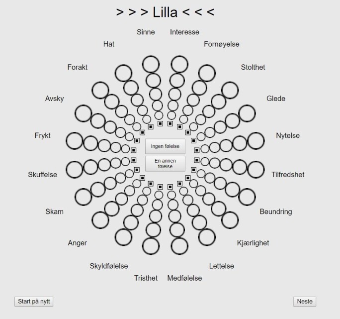 I dette hjulet fylte deltakerne inn hva de følte om ulike farger. Her er det fargen lilla som skal vurderes. Hva sier fargen? Stolthet? Eller kanskje anger? Litt av begge? (Bilde: Skjermdump fra nett-test, Jonauskaite, D. m.fl.) I dette hjulet fylte deltakerne inn hva de følte om ulike farger. Her er det fargen lilla som skal vurderes. Hva sier fargen? Stolthet? Eller kanskje anger? Litt av begge? (Bilde: Skjermdump fra nett-test, Jonauskaite, D. m.fl.)