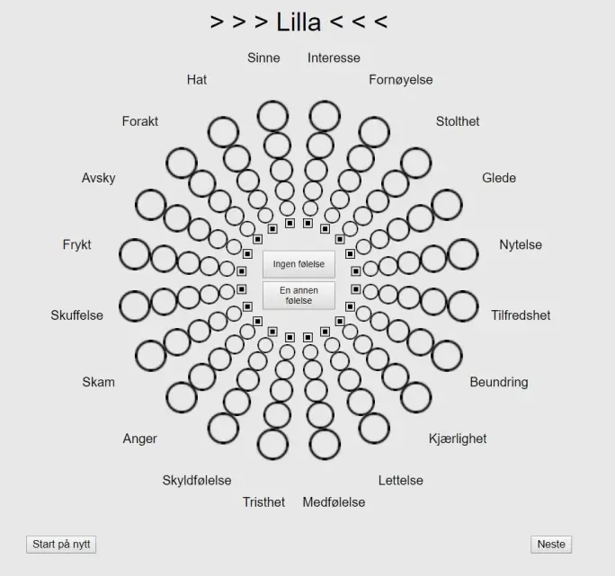 I dette hjulet fylte deltakerne inn hva de følte om ulike farger. Her er det fargen lilla som skal vurderes. Hva sier fargen? Stolthet? Eller kanskje anger? Litt av begge? (Bilde: Skjermdump fra nett-test, Jonauskaite, D. m.fl.) I dette hjulet fylte deltakerne inn hva de følte om ulike farger. Her er det fargen lilla som skal vurderes. Hva sier fargen? Stolthet? Eller kanskje anger? Litt av begge? (Bilde: Skjermdump fra nett-test, Jonauskaite, D. m.fl.)