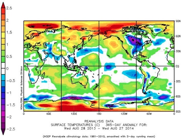 Temperaturavvik for 365-dagers perioden t.o.m. 27 august. (Foto: NOAA) Temperaturavvik for 365-dagers perioden t.o.m. 27 august. (Foto: NOAA)