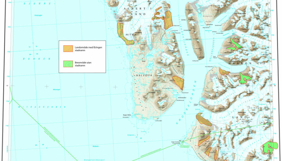 Dei gule og grøne områda på kartet over Krossfjorden har no fått namn. (Kart: Norsk Polarinstitutt)
