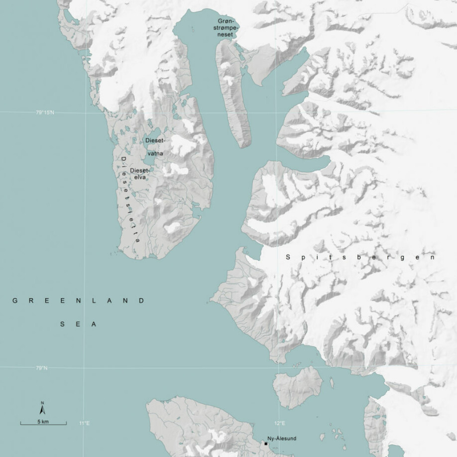 Stader på Svalbard oppkalla etter Hanna Resvoll-Holmsen: Diesetsletta, Diesetvatna, Diesetelva og Grønstrømpeneset. Grønstrømpeneset er nytt namn frå 2019. (Kart: Norsk Polarinstitutt)