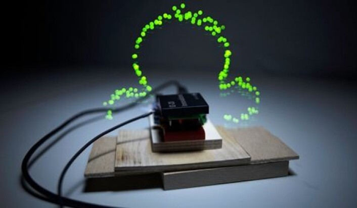 Slik ser det trådløse feltet rundt en RFID-brikke ut. (Foto: Timo Arnall, AHO) Slik ser det trådløse feltet rundt en RFID-brikke ut. (Foto: Timo Arnall, AHO)