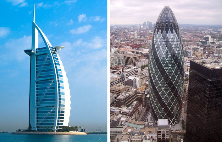 T.v: Burj Al Arab i Dubai, t.h. bygget som kalles The Gherkin i London. (Foto: T.v: Joi Ito, Creative Commons, t.h: Paste, Wikimedia Commons T.v: Burj Al Arab i Dubai, t.h. bygget som kalles The Gherkin i London. (Foto: T.v: Joi Ito, Creative Commons, t.h: Paste, Wikimedia Commons
