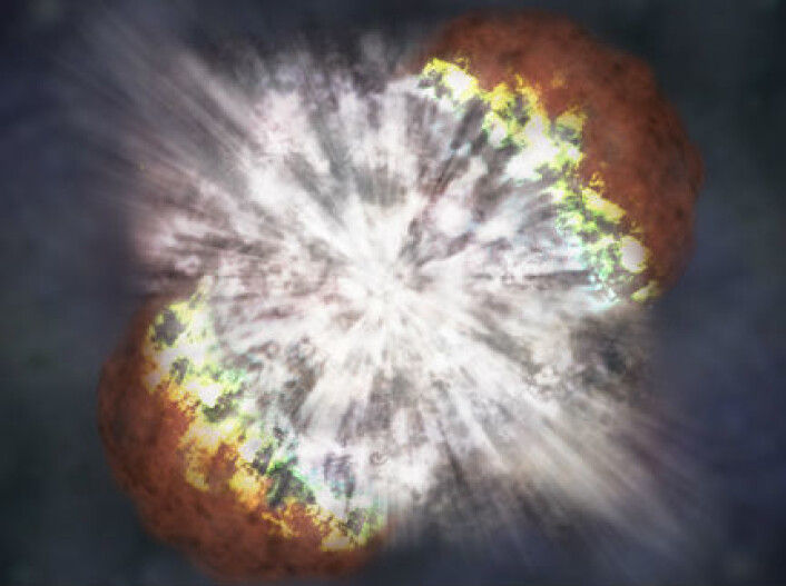 Supernovaer er kraftige stjerneeksplosjoner som kan utslette sivilisasjoner. Dette er SN 2006gy, den hittill kraftigste stjerneeksplosjonen som er observert. (Foto: (Illustrasjon: NASA /CXC/ M.Weiss)) Supernovaer er kraftige stjerneeksplosjoner som kan utslette sivilisasjoner. Dette er SN 2006gy, den hittill kraftigste stjerneeksplosjonen som er observert. (Foto: (Illustrasjon: NASA /CXC/ M.Weiss))
