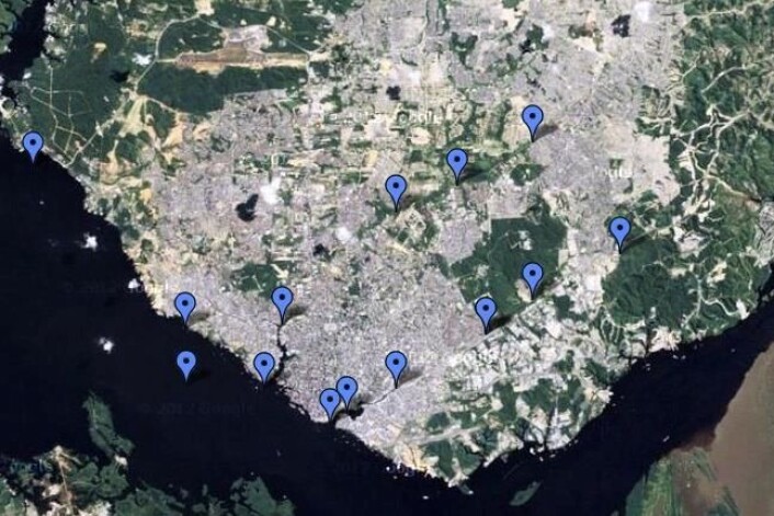 Kartet viser steder der forskerne har tatt prøver av vannet. (Foto: Google maps) Kartet viser steder der forskerne har tatt prøver av vannet. (Foto: Google maps)