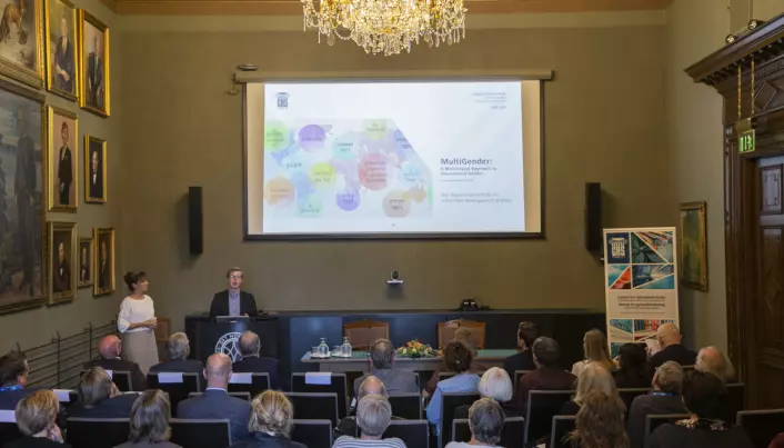 CAS project leaders Marit Westergaard and Terje Lohndal during the opening ceremony of the CAS year 2019/20. (Photo: Camilla K. Elmar / CAS)