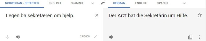 Google oversetter automatisk “legen” til en mann, og sekretæren til en kvinne. Google oversetter automatisk “legen” til en mann, og sekretæren til en kvinne.