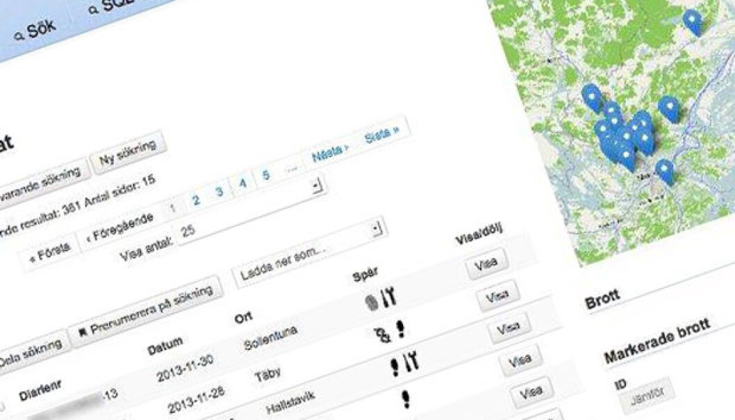 Spor fra innbrudd som fotavtrykk, fingeravtrykk eller samme verktøy, fremkommer som symboler i programmet. På kartet dukker innbrudd med likhetstrekk opp. (Illustrasjon: Skjermdump Martin Boldt) Spor fra innbrudd som fotavtrykk, fingeravtrykk eller samme verktøy, fremkommer som symboler i programmet. På kartet dukker innbrudd med likhetstrekk opp. (Illustrasjon: Skjermdump Martin Boldt)