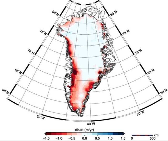 Fig 1: Høydeendringer på Grønland jan 2011 –jan 2014. (Helm et al., The Cryosphere, 2014) (Foto: ) Fig 1: Høydeendringer på Grønland jan 2011 –jan 2014. (Helm et al., The Cryosphere, 2014) (Foto: )