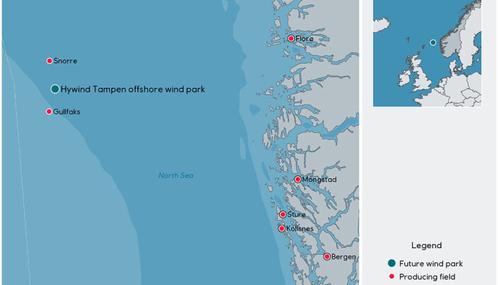 Hywind Tampen skal bli verdens største flytende havvindpark med 11 vindturbiner. Det skal forsyne oljefeltene Gullfaks og Snorre med kraft. (Illustrasjon: Equinor) Hywind Tampen skal bli verdens største flytende havvindpark med 11 vindturbiner. Det skal forsyne oljefeltene Gullfaks og Snorre med kraft. (Illustrasjon: Equinor)