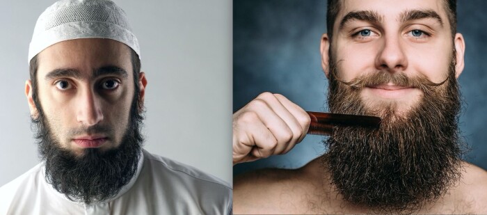 Stort skjegg er en viktig identitetsmarkør for mange muslimske menn. Det er det også for hipstermenn, som ellers er mest kjent for mikrobrygget øl og selvbakt surdeigsbrød. Har du problemer med å se forskjell på en hipster og en from muslim, så husk at hipsterne også må ha en stor og velfrisert bart. Muslimske menn har gjerne liten bart eller er helt barteløse, for å være sikre på at de tolker rett Muhammeds pålegg om at menn må stusse barten. (Fotos: diplomedia og Bona_natty / Shutterstock / NTB scanpix) Stort skjegg er en viktig identitetsmarkør for mange muslimske menn. Det er det også for hipstermenn, som ellers er mest kjent for mikrobrygget øl og selvbakt surdeigsbrød. Har du problemer med å se forskjell på en hipster og en from muslim, så husk at hipsterne også må ha en stor og velfrisert bart. Muslimske menn har gjerne liten bart eller er helt barteløse, for å være sikre på at de tolker rett Muhammeds pålegg om at menn må stusse barten. (Fotos: diplomedia og Bona_natty / Shutterstock / NTB scanpix)
