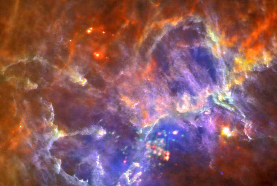 Et område med interstellart gass og støv i Melkeveien, tatt av romteleskopet Herschel. Her dannes nye stjerner. (Foto: ESA/Herschel/PACS/SPIRE/Hill, Motte, HOBYS Key Programme)