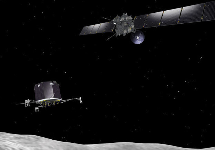 Kometjegeren Rosetta og Philae som skal lande på kometen 67P/Tsjurjumov-Gerasimenko i november 2014. (Foto: ESA/J. Huart) Kometjegeren Rosetta og Philae som skal lande på kometen 67P/Tsjurjumov-Gerasimenko i november 2014. (Foto: ESA/J. Huart)