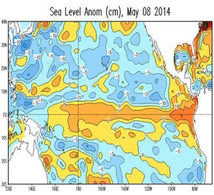 Satellittmålt havnivå-avvik i Stillehavet sist uke. (Foto: (NOAA)) Satellittmålt havnivå-avvik i Stillehavet sist uke. (Foto: (NOAA))